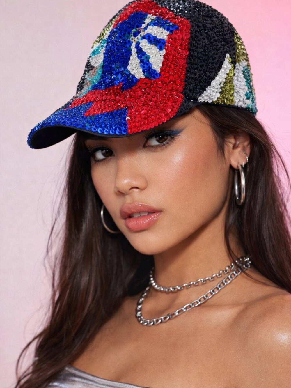 Vintage Sequin Baseball Cap Mosaic Colorful Hat 80s 90s - Picture 3 of 11